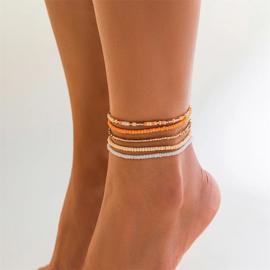 Boho Colorful Seed Beads Anklet Set for Women Summer Beach Simple Elastic Chain Bracelet Barefoot Ankle on Leg Jewelry