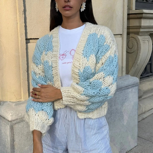 Women Oversized Cardigan Sweaters Color Block Long Sleeve Chunky Knit Sweaters Coat Y2K Open Front Colorful Cardigans