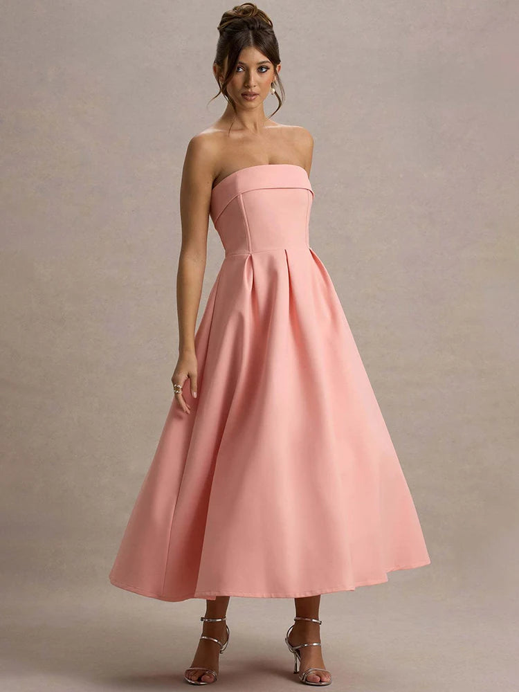 Off-shoulder Strapless Sexy Midi Dress Women Fashion Elegant Sleeveless Backless High Waist A-line Club Party Dress New