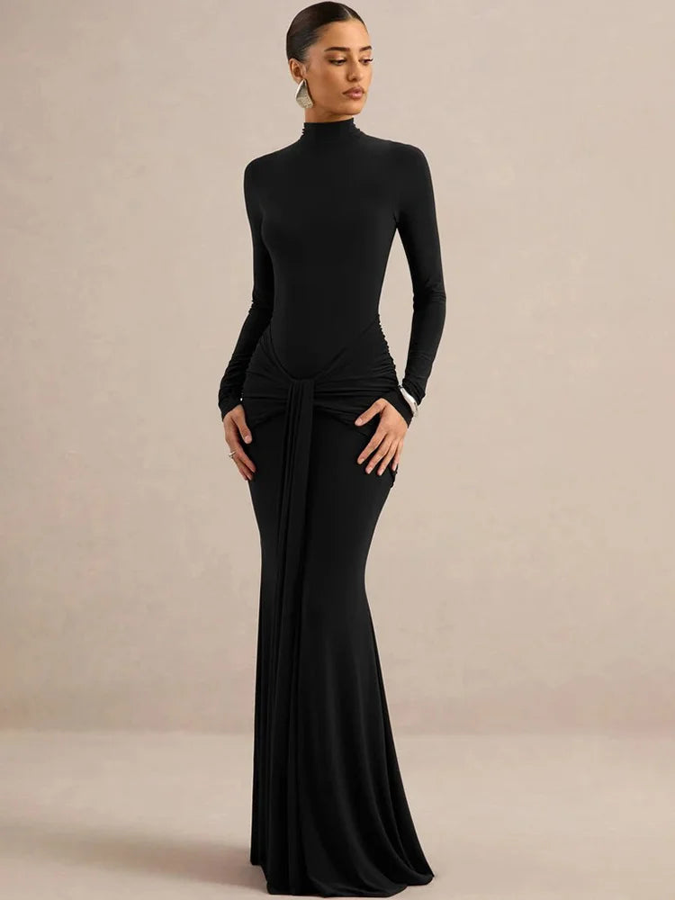 High Neck Long Sleeve Mermaid Maxi Dress Women Slim Ruched Waist Bodycon Floor Length Evening Party Formal Dress
