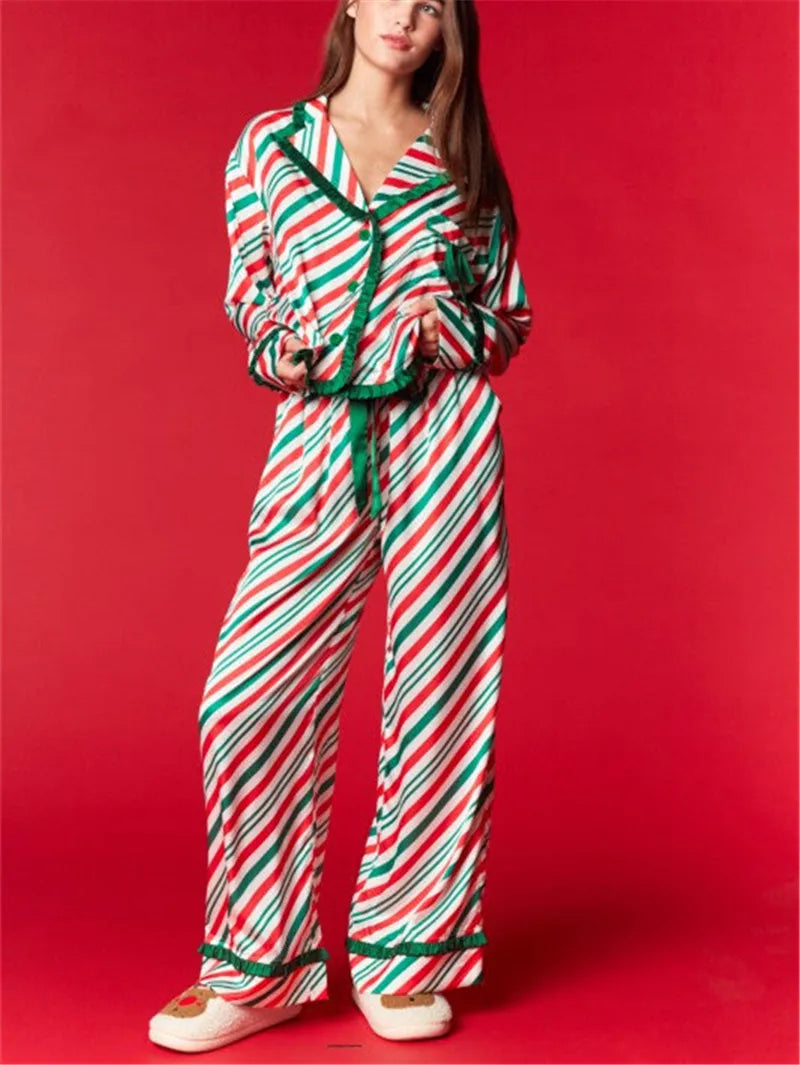 Holiday Xmas Stripe Satin Pyjama Set Ruffle Edge Collar Long Sleeve Cropped Shirt Drawstring Pant Festive Sleep Outfit