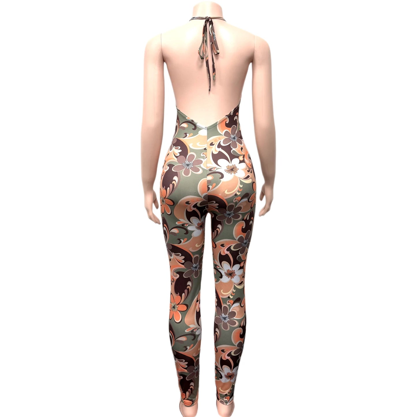 Backless Halter Jumpsuit Women Sexy Colorful Flowers Print Sleeveless Summer Trend Skinny Hottie Streetwear Overalls