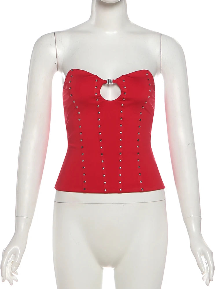 Party Coquette Tank Top Women Hollow Rivet Classic Trend Sleeveless Stretch Skinny Midnight Sexy Christmas Club Vests