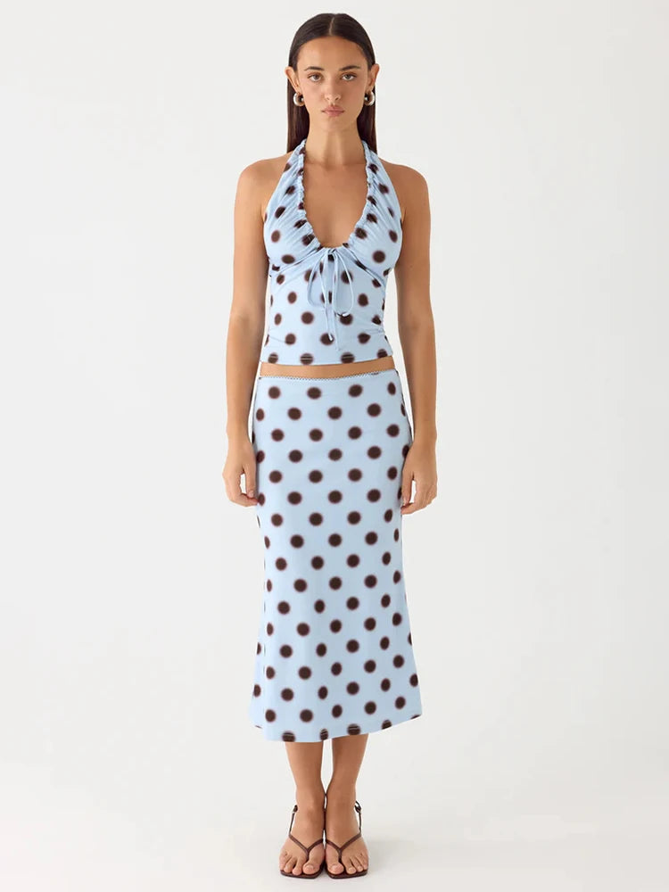 Polka Dot Halter Top And Skirt Set Women Blue Drawstring Ruched Two Piece Midi Dress Sleeveless Backless Dress Set