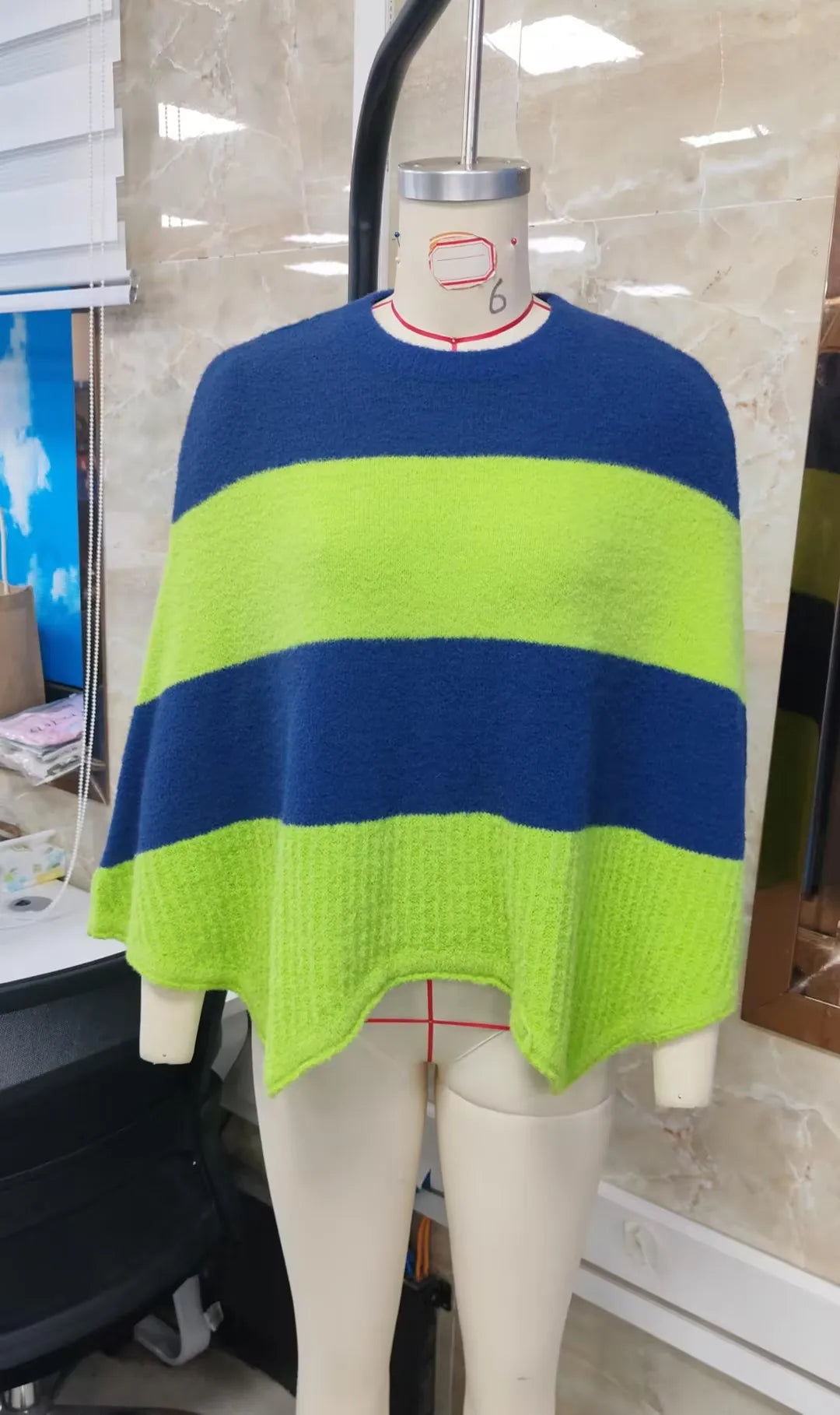 Women Fuzzy Knit Poncho Sweater Round Neck Color Block Striped Cape Fluffy Oversized Pullover Shawl Wrap Winter Cover Up