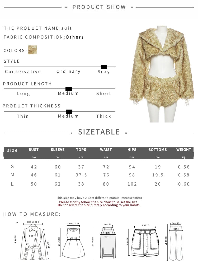 Plush 2-Piece Set Women Lapel Full Sleeve Crop Tops+Zipper Mini Shorts Sexy Winter Trend Midnight Street Wild Hottie Suit