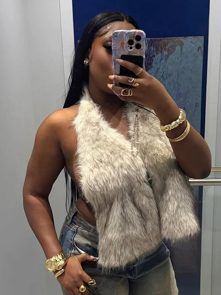 Halter Furry Tank Tops Women Sexy Backless Bandage Y2K Summer Trend Midnight Party Clubwear Hipster Wild Basic Vest