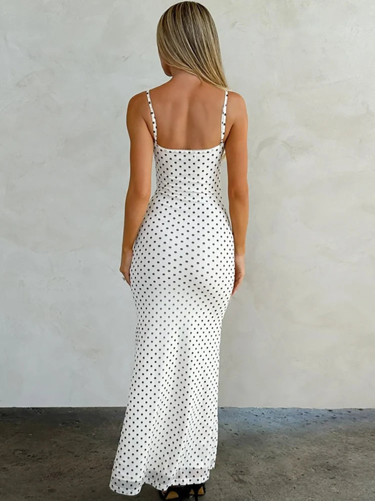 Polka Dot Spaghetti Strap Sexy Maxi Dress Women Gown Elegant White V Neck Sleeveless Backless Bodycon Club Long Dress