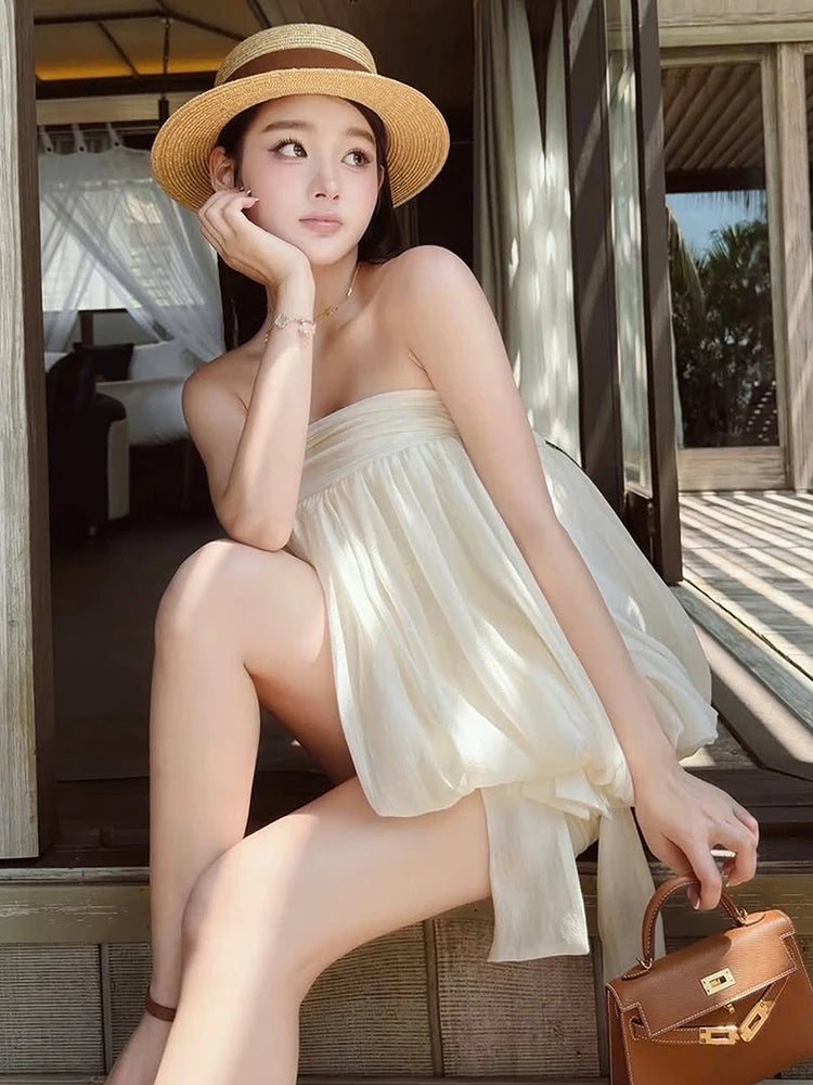 Folds Dress Women Bandage Tassel Chest Wrap Sleeveless Solid Summer Fashion Classic Elegant Party Chic Mini Bodycon