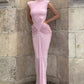 Pink Cutout Maxi Dress Women Summer Elegant High Neck Sleeveless Ruched Waist Bodycon Club Party Evening Long Dresses