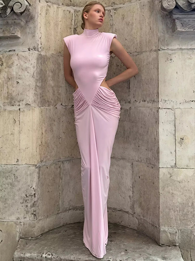Pink Cutout Maxi Dress Women Summer Elegant High Neck Sleeveless Ruched Waist Bodycon Club Party Evening Long Dresses