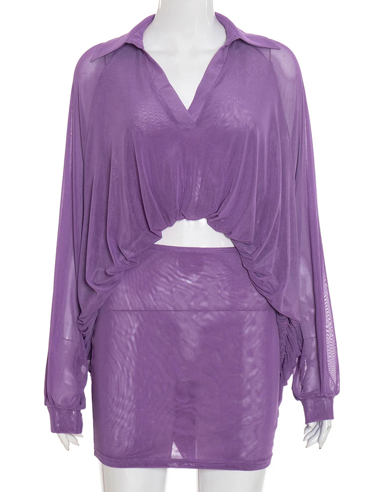 Simple Mesh 2-Piece Set Women Lapel Irregular Curling Edge V-Neck Shirt+Peach Hip Skirt Matching Casual Slim Outfits