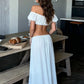 Bandage Elegant 2-Piece Set Women Slash Neck Puff Sleeve t-Shirt+Elastic Waist Long Simple Skirt Vacation Sweet Suit
