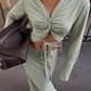 Sexy 2 Piece Set Women Fashion Button Patchwork Cross Bandages Deep V-Neck T-Shirt+Split Skirt Chic Street Party Suit