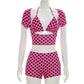 Women Polka Dot 3Piece Outfit Halter Bikini Crop Top Short Sleeve Cover Up+Shorts Sexy Club Party Night Out Matching Set