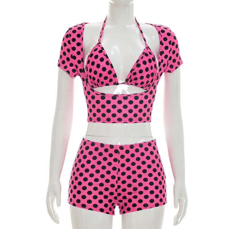 Women Polka Dot 3Piece Outfit Halter Bikini Crop Top Short Sleeve Cover Up+Shorts Sexy Club Party Night Out Matching Set