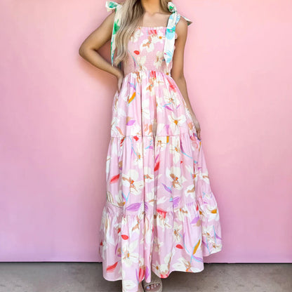 Boho Women's Summer Tie Shoulder Dress Vintage Floral Print Sleeveless Shirred Backless Long Flowy Dress with Pockets