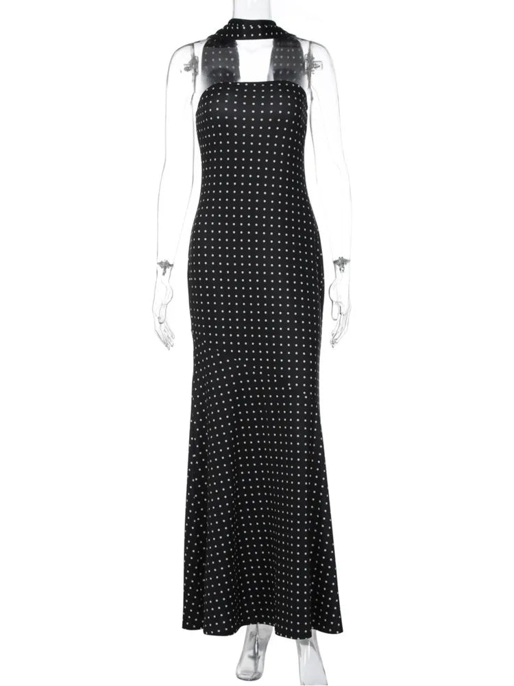 Polka Dot Strapless Sexy Maxi Dress Women Gown Elegant Scarf Collar Off-shoulder Backless Sleeveless Club Party Dress