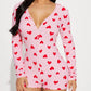 Women Valentines Day Jumpsuit Pajama Romantic Heart Print Long Sleeve V Neck Button Front Shorts Romper Fitted Sleepwear
