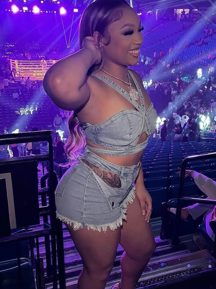 Denim Women 2 Piece Set Summer Women Irregular Hollow Casual Sporty Tank Tops+Patchwork Shorts Matching Streetwear