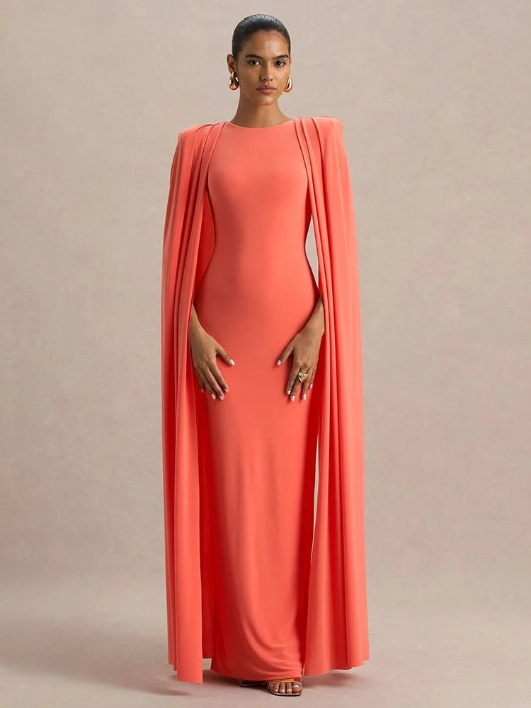 White Slashed-Neck Maxi Dress with Cape Sleeve Women's Winter Elegant Evening Party Dresses