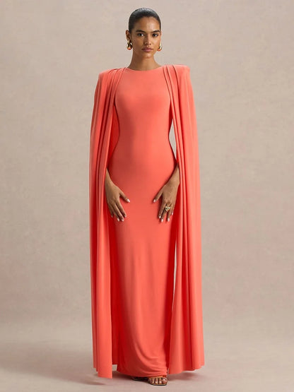 White Slashed-Neck Maxi Dress with Cape Sleeve Women's Winter Elegant Evening Party Dresses