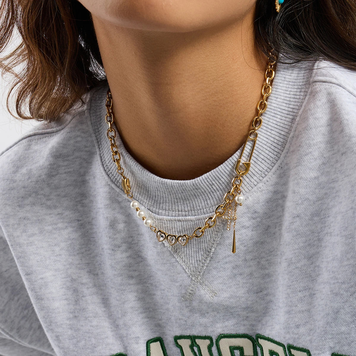 Y2K Patchwork Chain Design Stainless Steel Necklace Paperclip + Glossy Pentagram Cross with Zirconia Pendant Necklace
