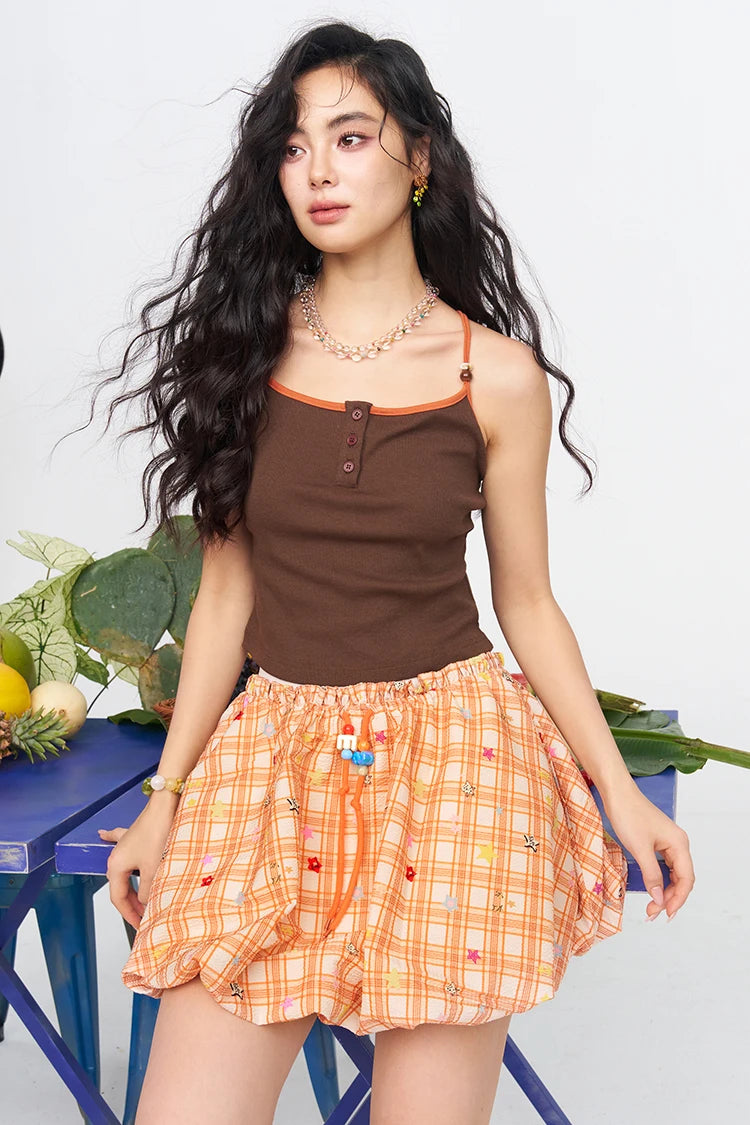 Women's Contrast Trim Spaghetti Strap Cami Top with Color Buttons, Square Neck Slim Ribbed Tank for Daily