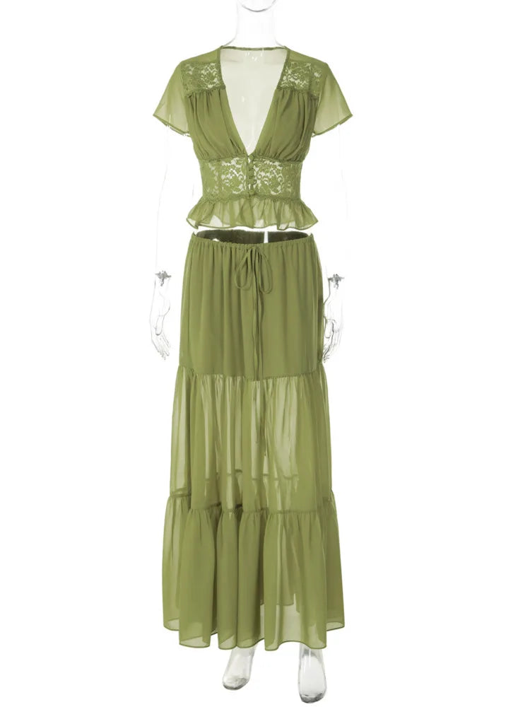 Elegant Chiffon Two Piece Set Women V Neck Short Sleeve Crop Top Maxi Skirt Matching Sets Female Club Party Dress Set