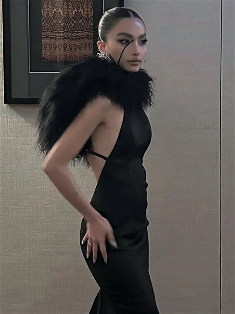 Fashion Furry Patchwork 2 Piece Set Women Sexy Metal Ring Sleeveless Dress+Tassel Shawl Noble Elegant Party Gown Suit