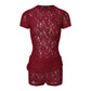 Sexy Sheer Red Floral Lace Two Piece Outfit for Women Short Sleeve Crop Top + Mini Shorts Set Nightclub Party Sleepwear