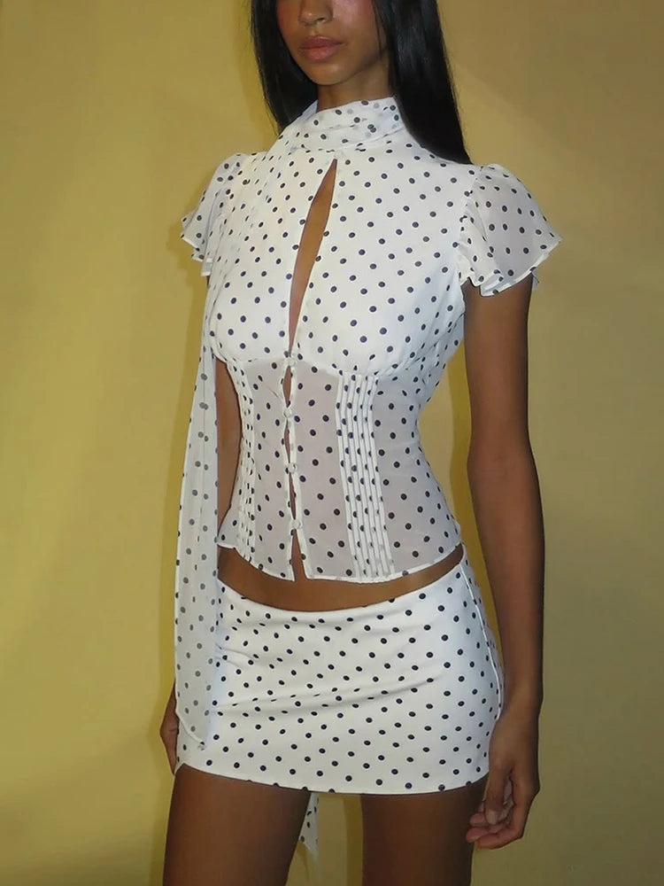 Polka Dot Print 3-Piece Set Women Scarf+Single-Breasted t-Shirt+Classic Skirt Summer Sexy Fashion Daily Streetwear