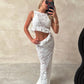 See Through 2 Piece Set Women Sexy Coquette Ruffles Tank Tops+Maxi Skirts Matching Summer Clubwear Vacation Outfits