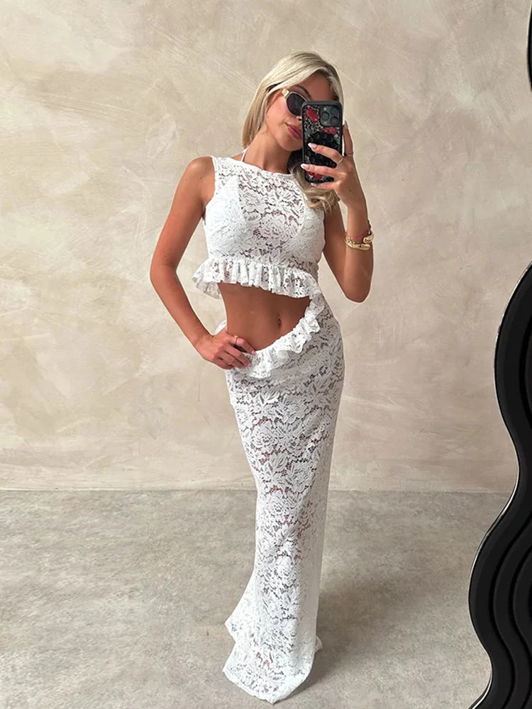 See Through 2 Piece Set Women Sexy Coquette Ruffles Tank Tops+Maxi Skirts Matching Summer Clubwear Vacation Outfits