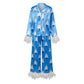 Cute Christmas Women Silky Satin Pajama Set Feather Trim Cuff Long Sleeve Lapel Top Long Pants Xmas Print Sleepwear