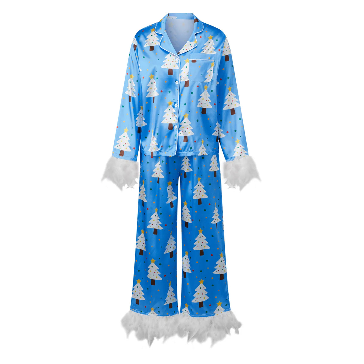 Cute Christmas Women Silky Satin Pajama Set Feather Trim Cuff Long Sleeve Lapel Top Long Pants Xmas Print Sleepwear