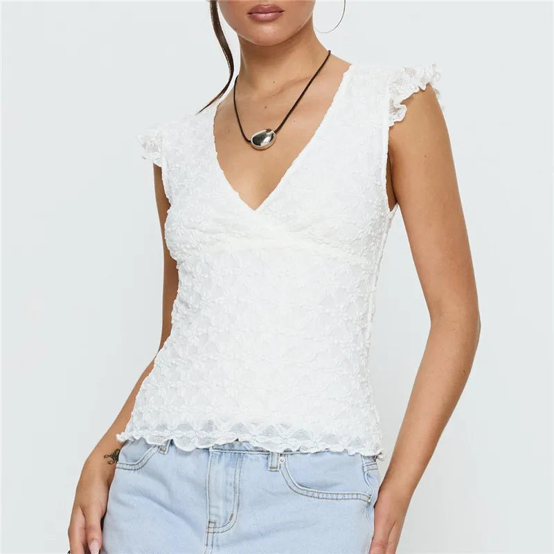 Women Summer White Lace V Neck Cami Top Ruffle Trim Cap Sleeve Slim Fit Crop Top Elegant Party Clubwear Y2K Streetwear