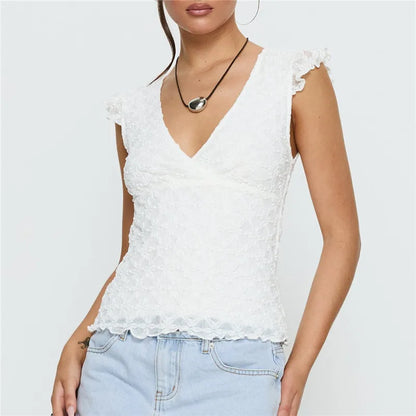 Women Summer White Lace V Neck Cami Top Ruffle Trim Cap Sleeve Slim Fit Crop Top Elegant Party Clubwear Y2K Streetwear
