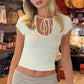 Women's Tie Front Keyhole Cutout Ruched Slim Fit Top Short Sleeve Crew Neck Y2K Sexy Casual Summer Streetwear Crop Top