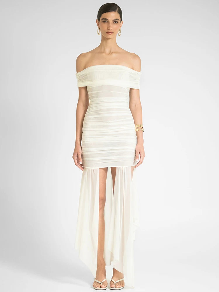 Mesh Off-shoulder Backless Sexy Maxi Dress For Women Fashion Strapless Sleeveless Split Ruched Bodycon Club Party Dress