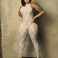 See through Backless Jumpsuit Women Sexy Wild Jacquard Bandages Halter Sleeveless Stretch High Street Party Clubwear