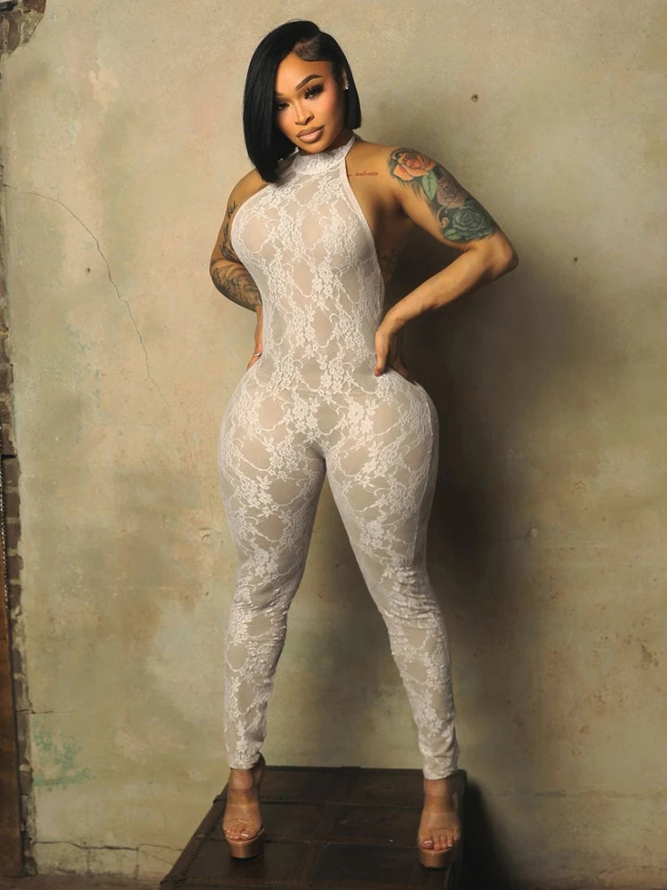 See through Backless Jumpsuit Women Sexy Wild Jacquard Bandages Halter Sleeveless Stretch High Street Party Clubwear