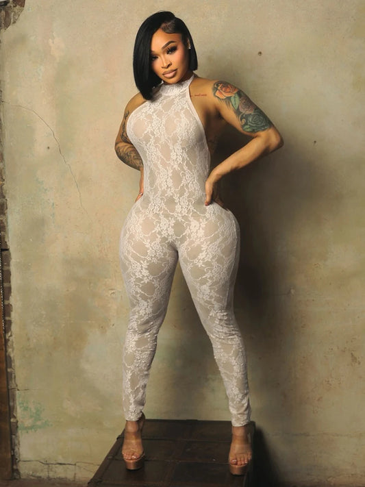 See through Backless Jumpsuit Women Sexy Wild Jacquard Bandages Halter Sleeveless Stretch High Street Party Clubwear