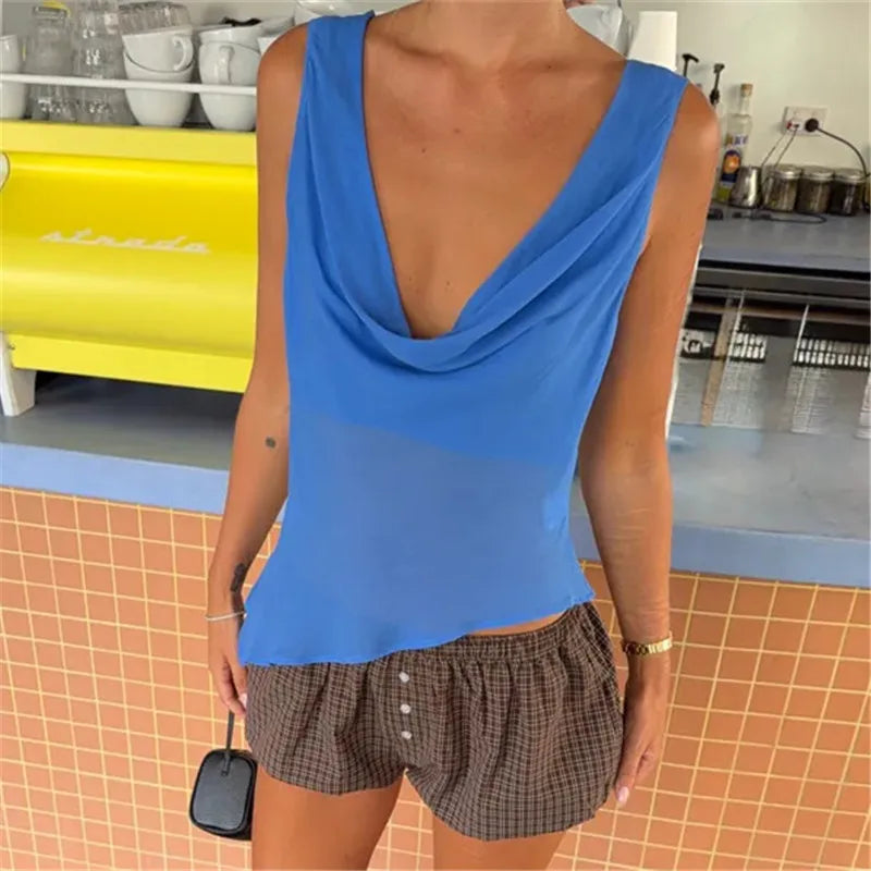 Cowl Neck Mesh Tank Top for Women Solid Color Sleeveless Sheer Blouse Asymmetric Hem Slim Fit Y2K Casual Party Wear