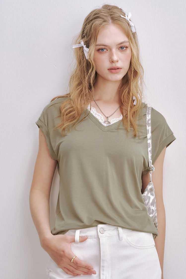 Minimalist Cute Lace Solid Flutter Sleeve Design Tshirt For Women