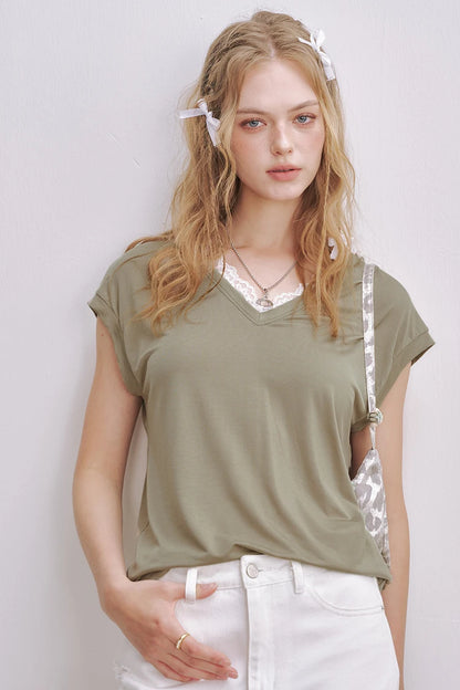 Minimalist Cute Lace Solid Flutter Sleeve Design Tshirt For Women