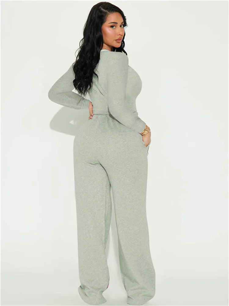 Contrast Stripe Design 2 Piece Set Women o-Neck Full Sleeve Crop Tops+Drawstring Long Pants Casual Sporty Style Suits