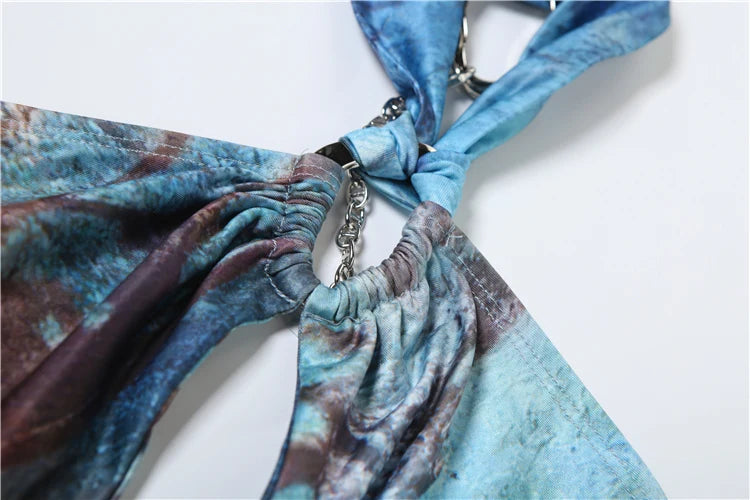 Fashion Print Dress Women Halter Hollow Metal Chains Patchwork Backless Sleeveless Vacation Trend Ruched Mini Bodycon