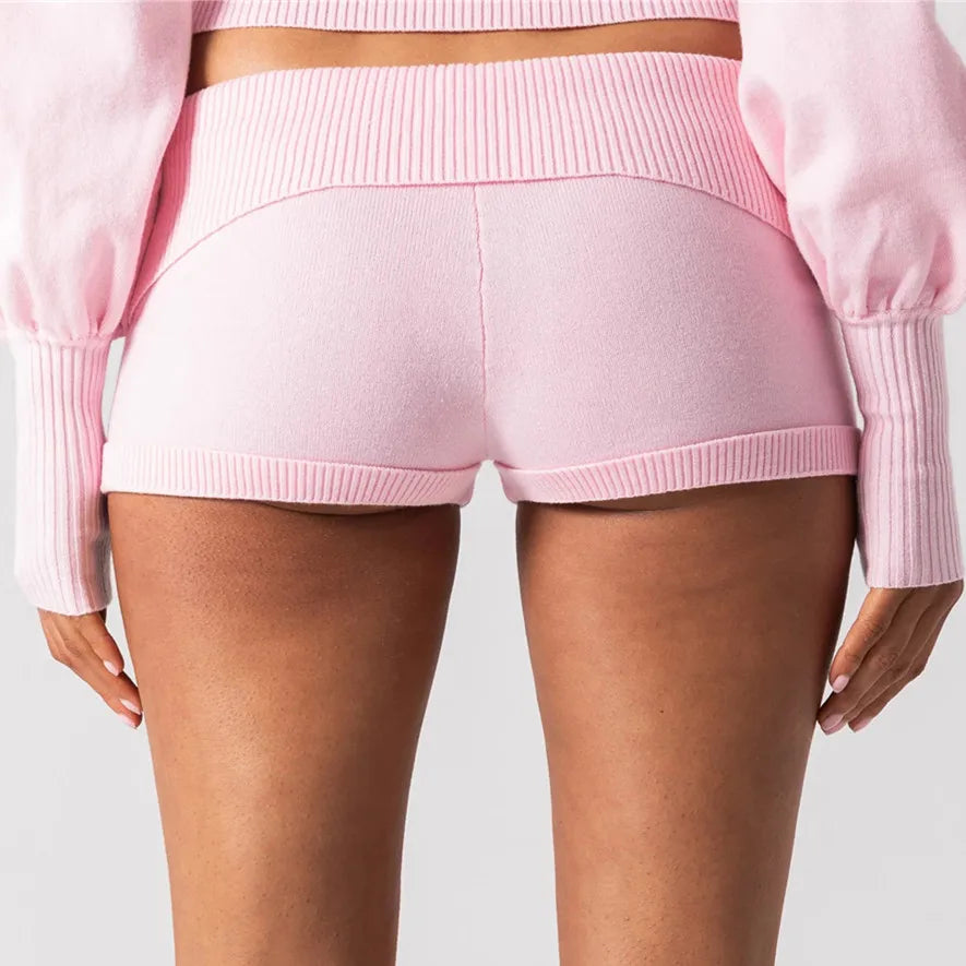 Trendy Foldover Waist Knit Micro Shorts Women Y2K Button Detail Ribbed Trim Booty Shorts Sweet Cool Streetwear PartyClub