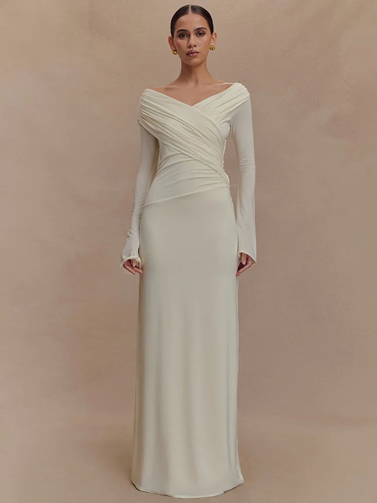 V Neck Off Shoulder Long Sleeve Maxi Dress White Elegant Dresses for Woman for Party Outfits Autumn 2025